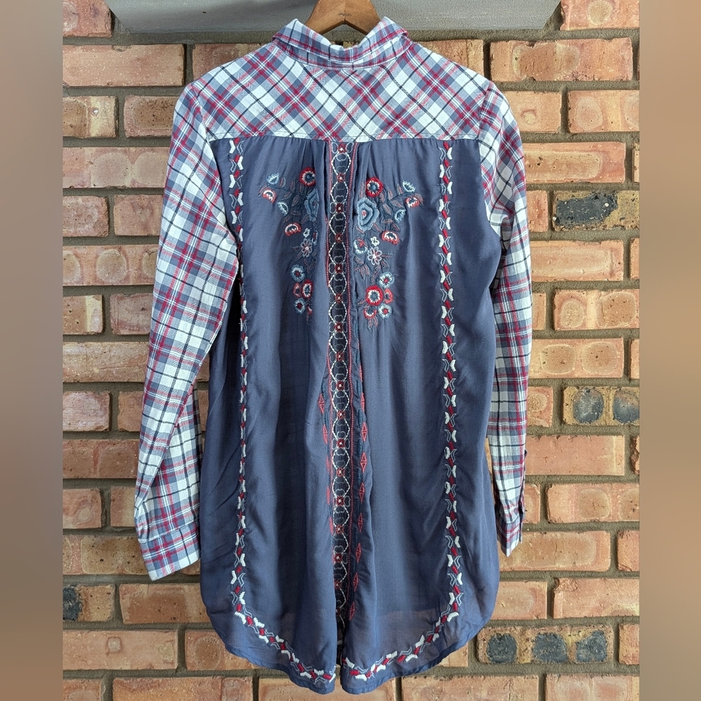 Kyla Seo Embroidered Floral & Plaid Button-Up Shirt Anthropologie